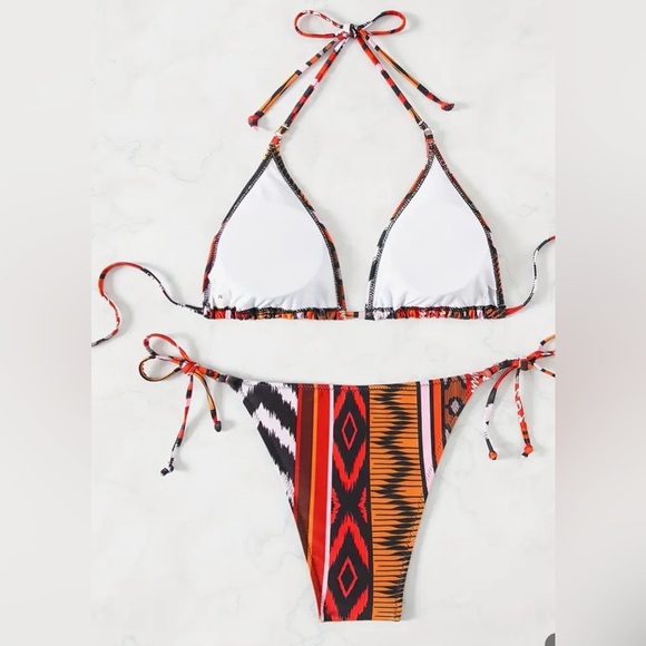 Boho Ethnic Print Triangle Halter Side Tie Bikini Set - Picture 8 of 12
